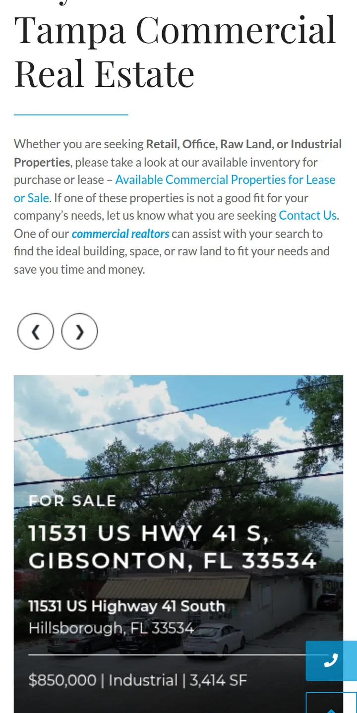 The home page scrolled: the Tampa Commercial Real Estate introduction and the featured listings slider