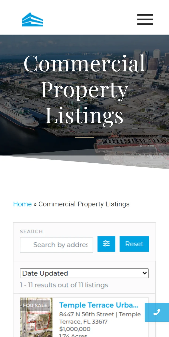 The Commercial Property Listings page: address search, filters, sorting and listing cards