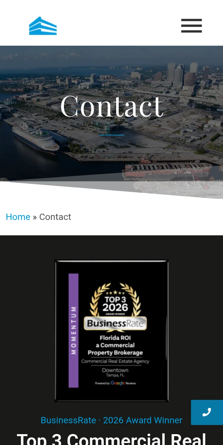 The Contact page, opening with the BusinessRate Top 3 2026 award