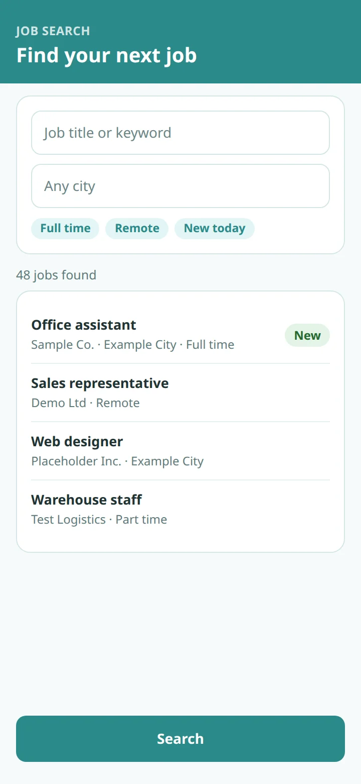 An illustrative job search screen with two search boxes, three filters and a list of four jobs