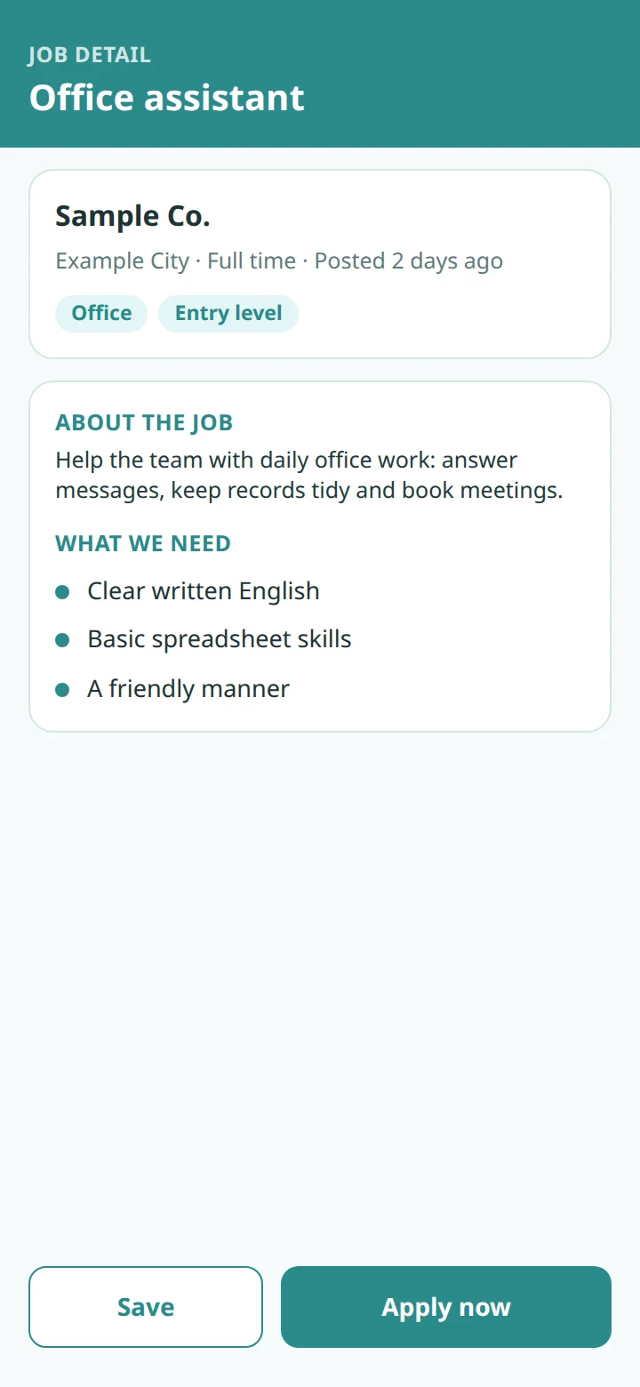 An illustrative job detail screen with the employer, the description and an Apply now button