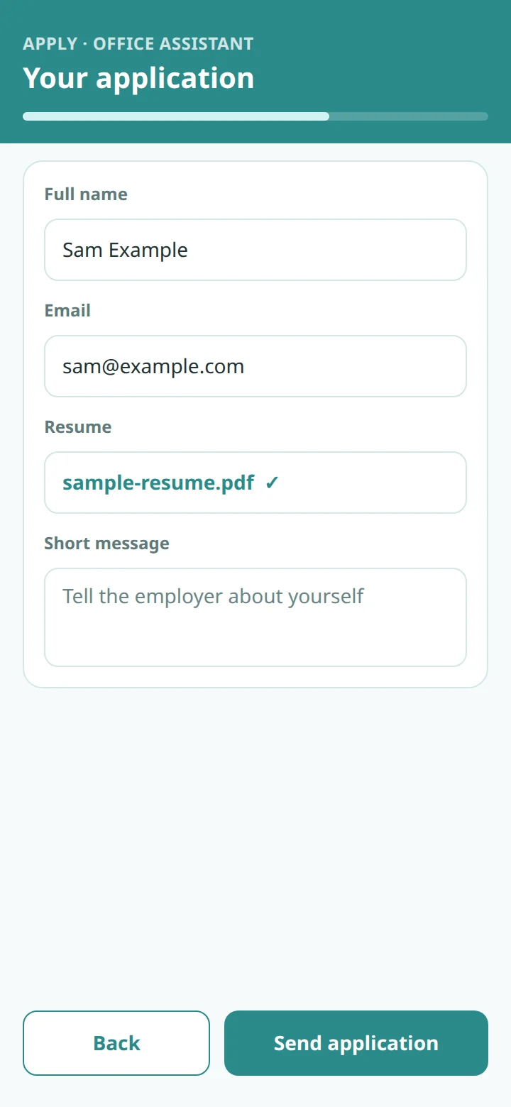 An illustrative application form with name, email, resume and a message