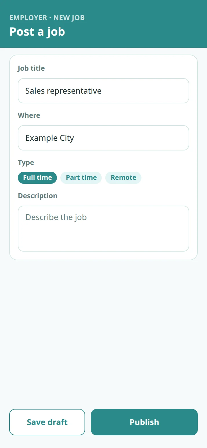 An illustrative form for an employer to post a job, with title, place, type and description