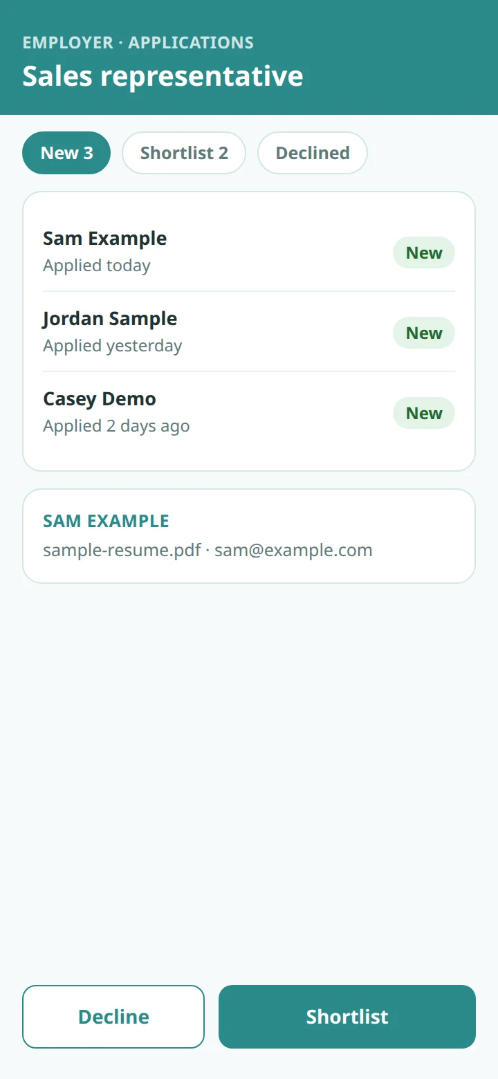 An illustrative list of three new applications for a job, with Shortlist and Decline buttons