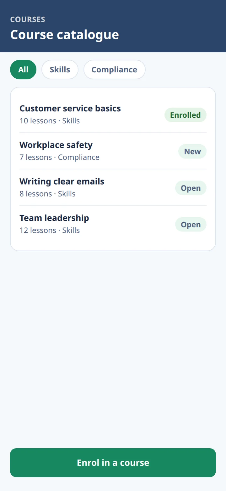 An illustrative course catalogue with four sample courses and their lesson counts