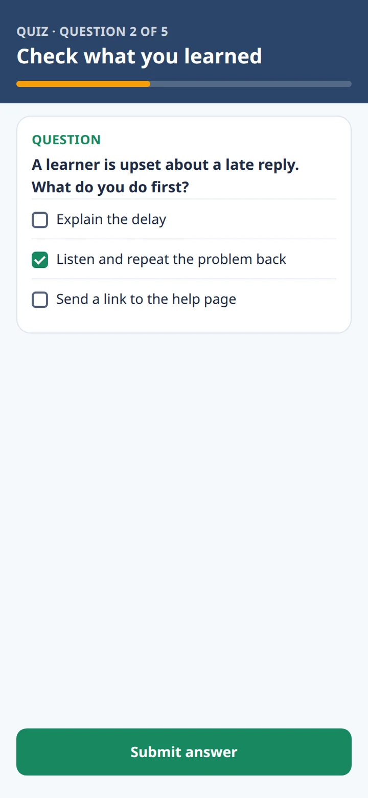 An illustrative quiz question with three answers, one selected