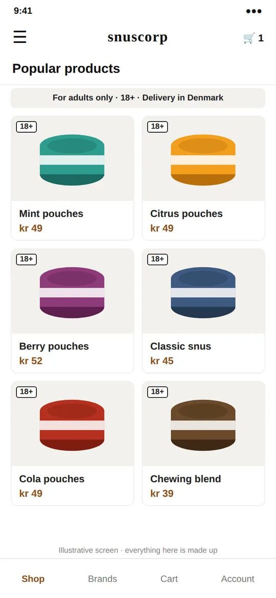 An illustrative Snuscorp shop on a phone: an adults-only notice and a grid of sample products with prices