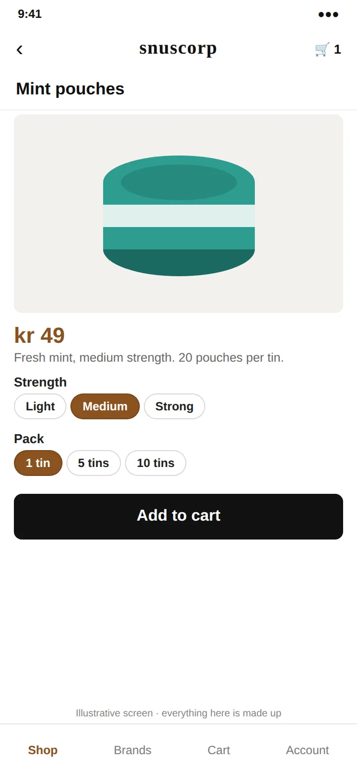 An illustrative product page: a drawn tin, price, strength and pack choices, and an Add to cart button