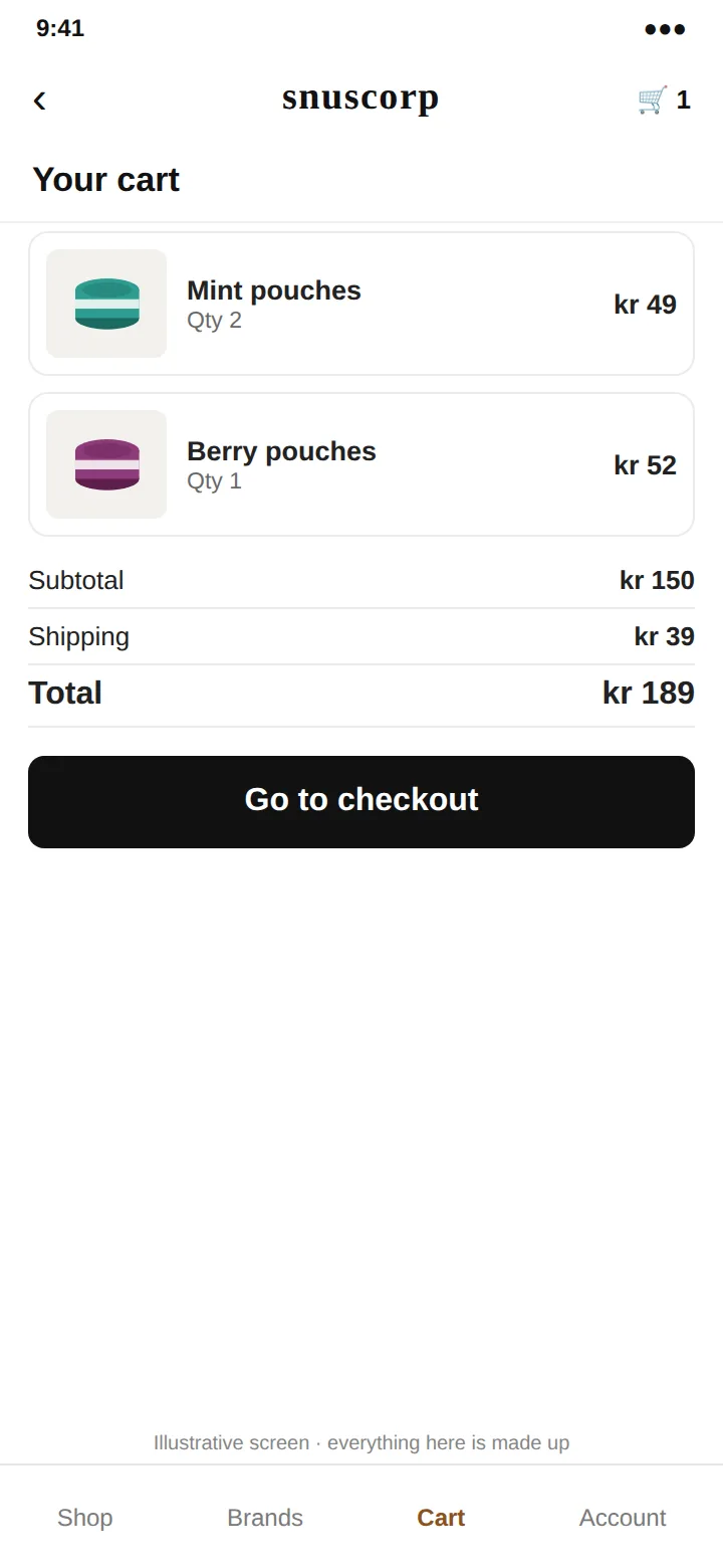 An illustrative cart: two sample products, subtotal, shipping and total, and a Go to checkout button