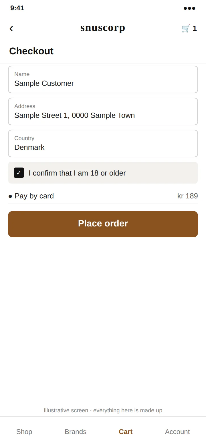 An illustrative checkout: sample name and address, an 18 or older confirmation, card payment and a Place order button