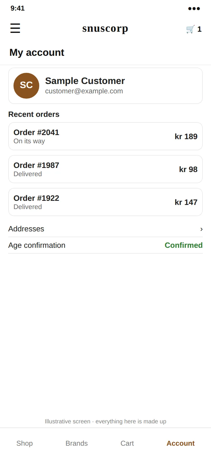 An illustrative account screen: a sample customer, recent orders and an age confirmation status