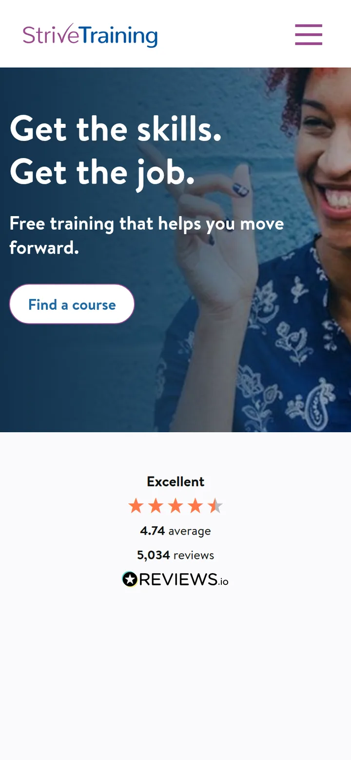 The home page on a phone: the headline "Get the skills. Get the job." and the learner rating