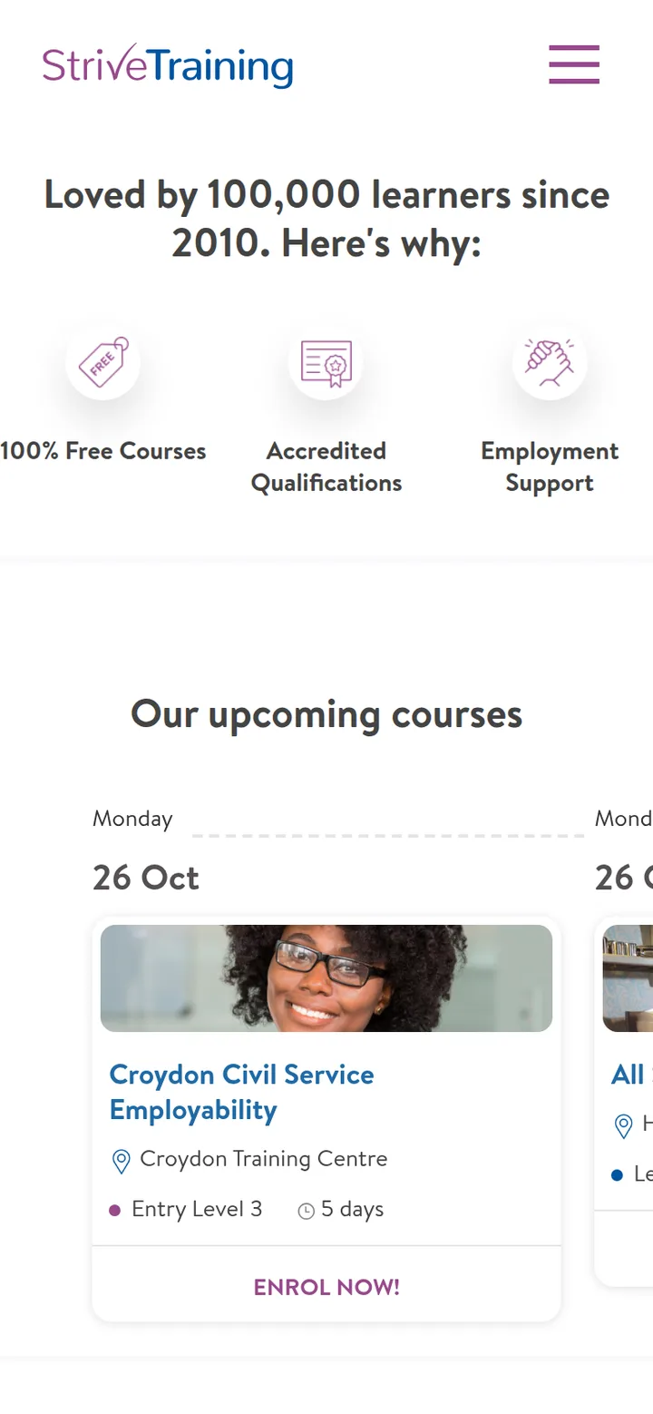 The home page scrolled: free courses, accredited qualifications, employment support and upcoming course dates with an Enrol Now button