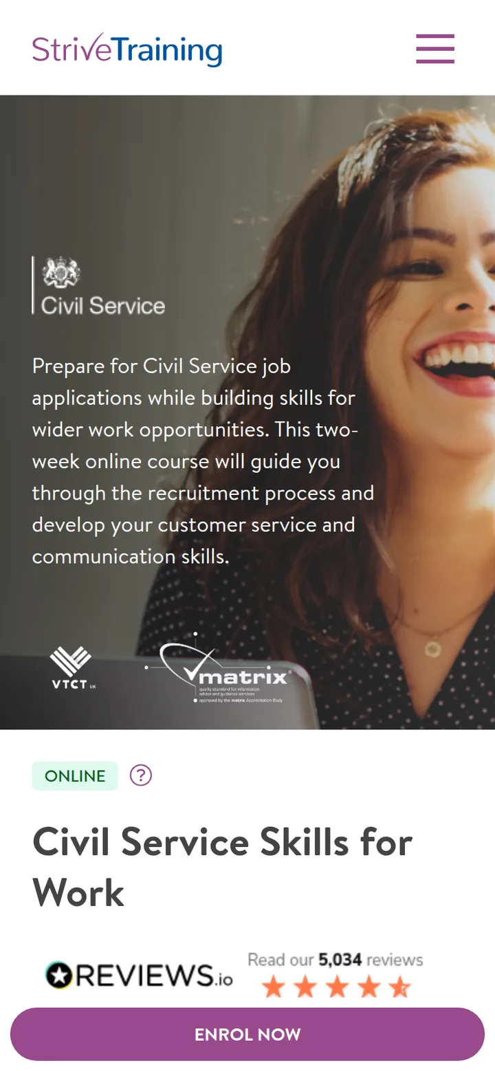 The Civil Service Skills for Work course page, with a sticky Enrol Now button