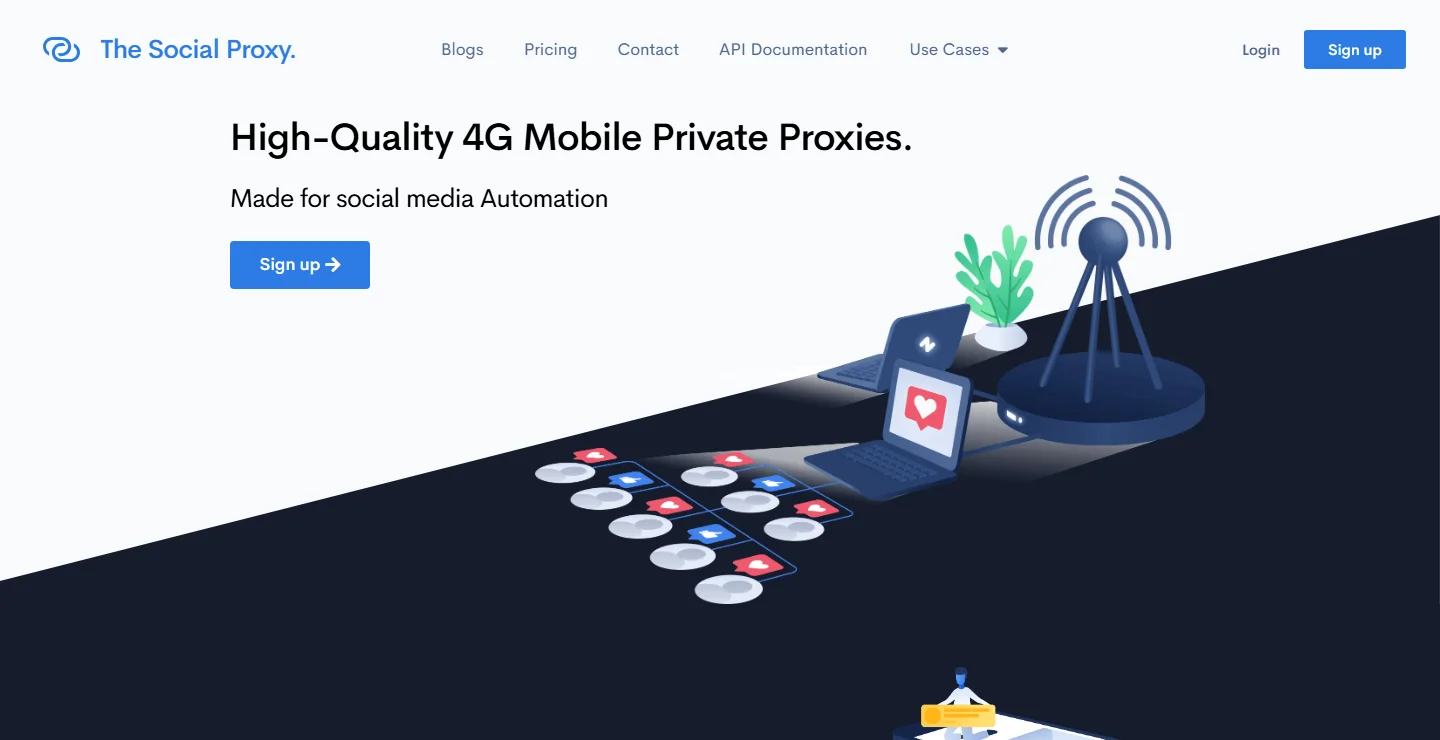 The Social Proxy's home page as Provis built it: High-Quality 4G Mobile Private Proxies, made for social media automation