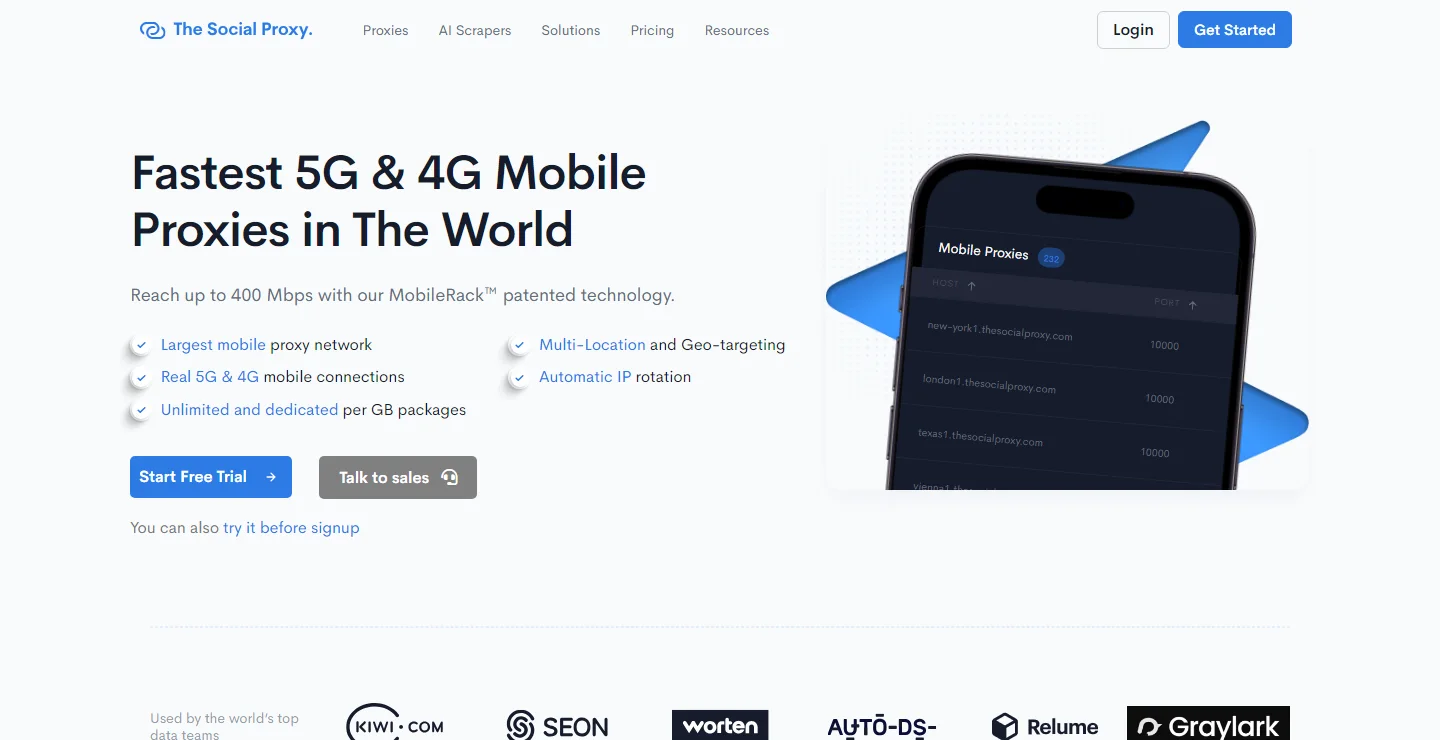 The mobile proxies page from the 2024 redesign: Fastest 5G and 4G Mobile Proxies in The World, with the location hosts shown on a phone