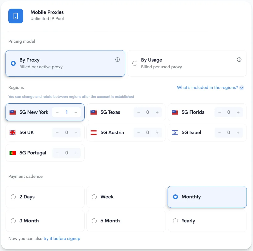 The pricing builder Provis built in 2024: pricing model by proxy or by usage, proxies per 5G region, and payment cadence from 2 days to yearly