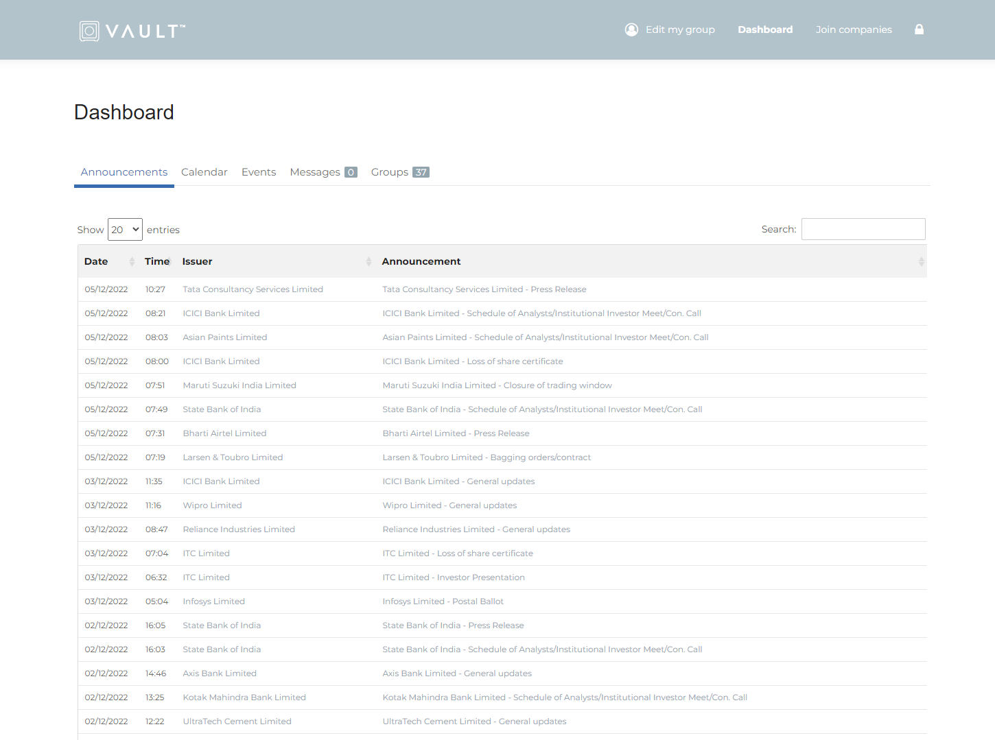 A subscriber's dashboard listing company announcements