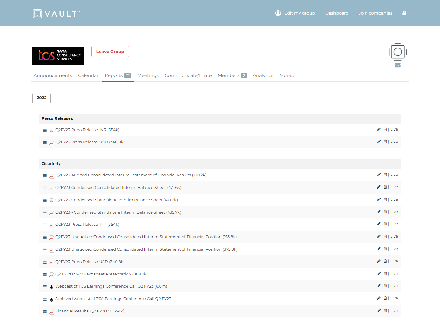 A listed company's reports page