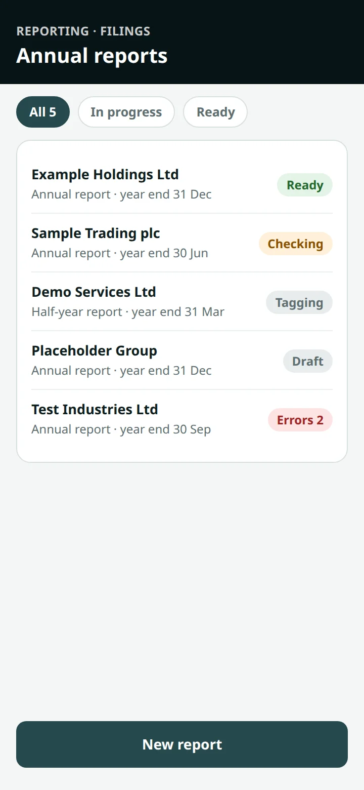 An illustrative list of five sample reports, each with a status