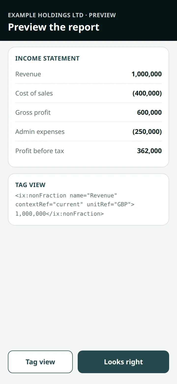 An illustrative preview of an income statement with a sample of the tagged code below it