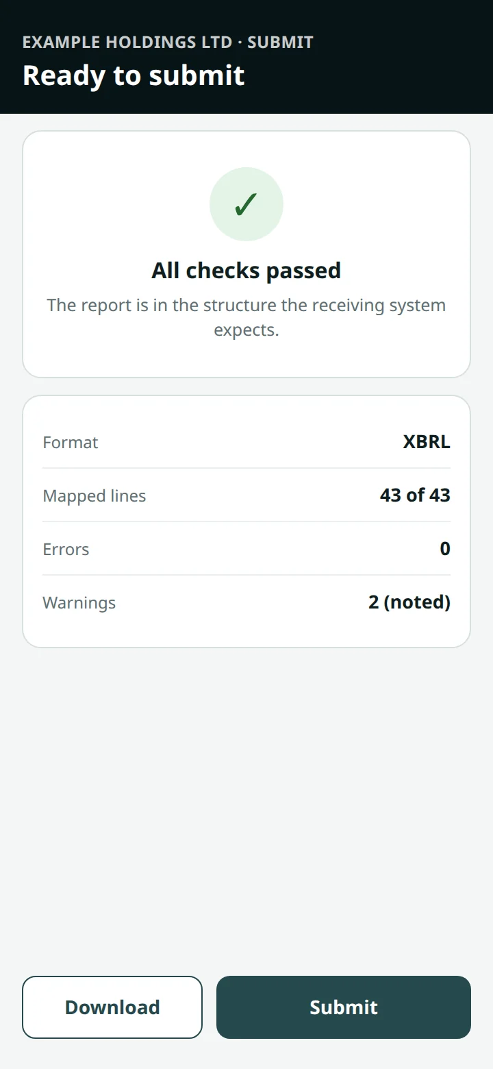 An illustrative ready-to-submit screen: all checks passed, with a download and a submit button