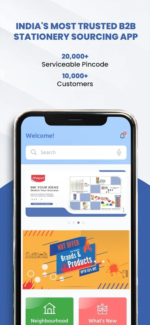 App home: India's most trusted B2B stationery sourcing app, 20,000+ serviceable pincodes