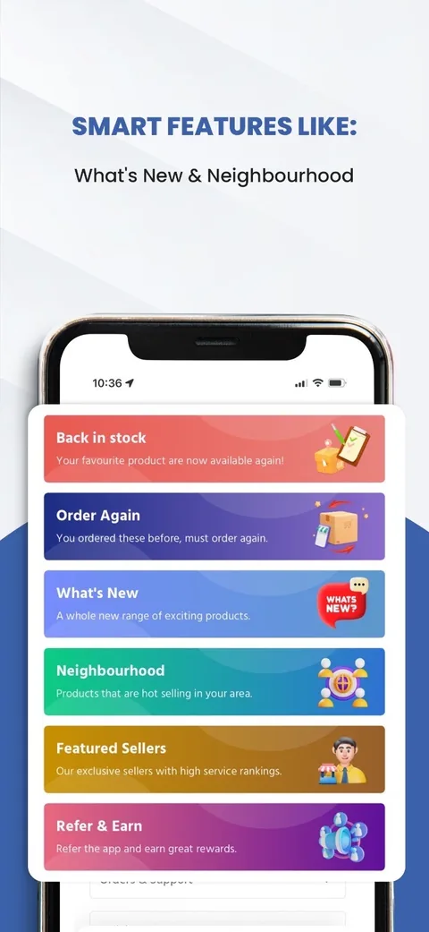 Smart features: back in stock, order again, what's new, neighbourhood, featured sellers, refer and earn