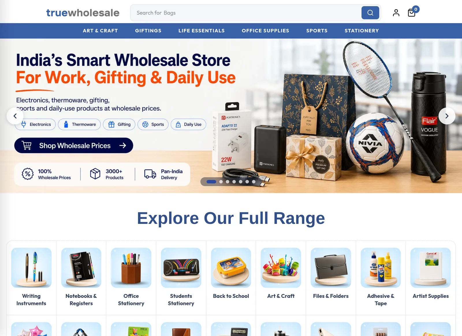 The TrueWholesale storefront on desktop: category navigation, search, the wholesale-store banner and the featured product range