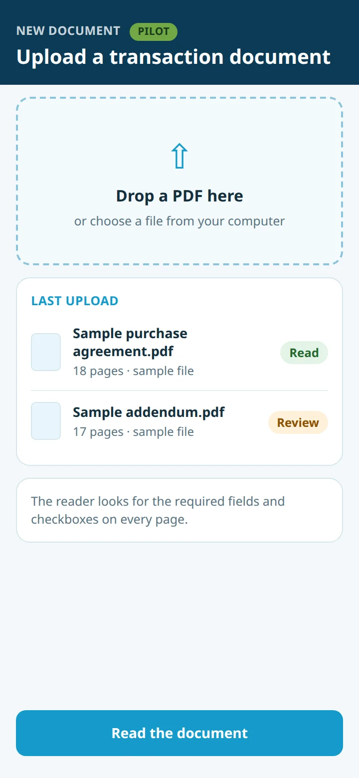An illustrative upload screen marked Pilot: a box to drop a PDF and two sample documents