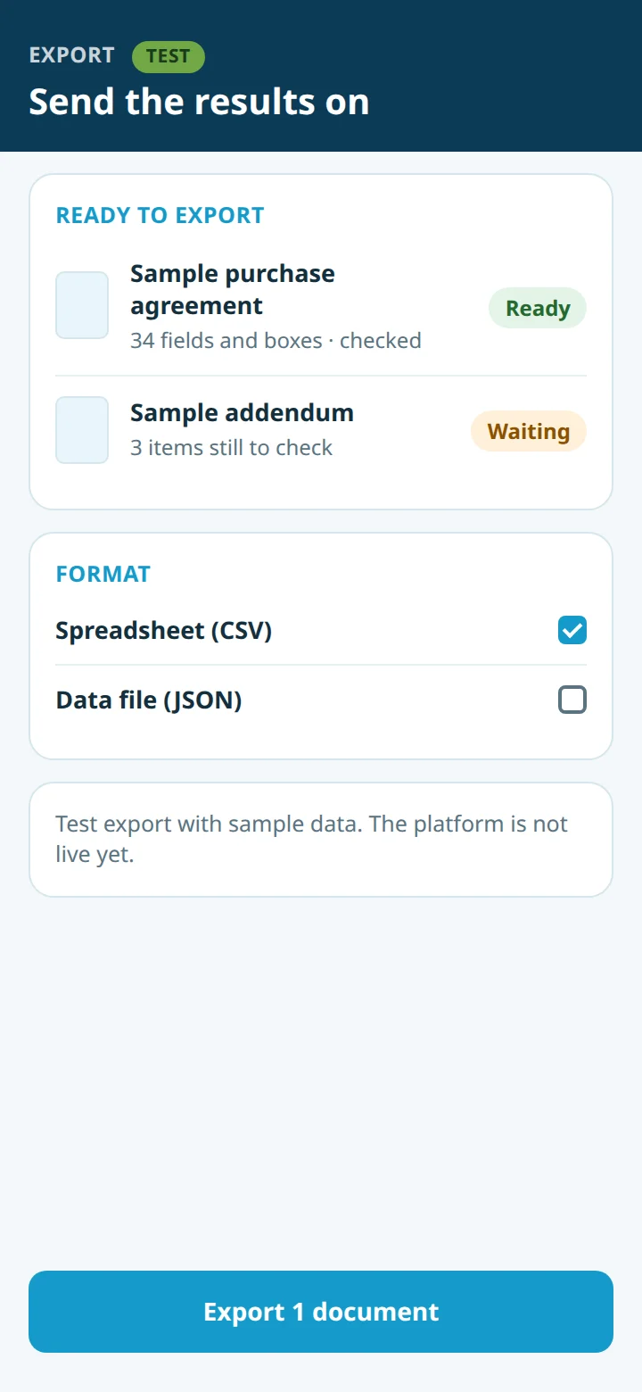 An illustrative export screen marked Test, with a ready document and a format choice