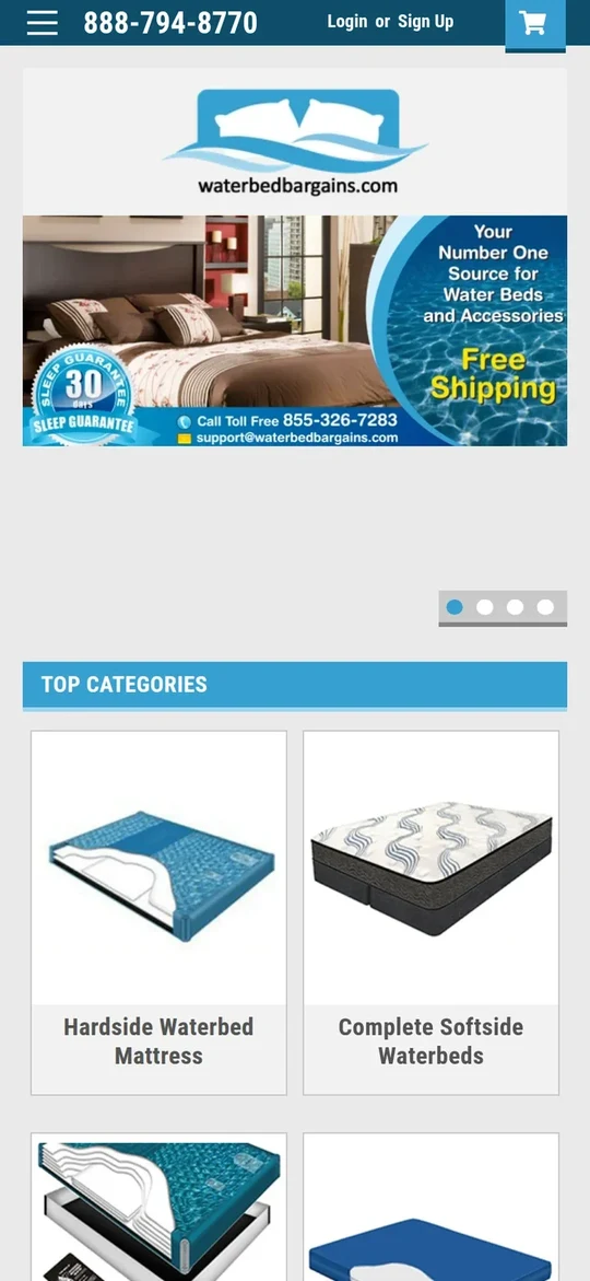 The Waterbed Bargains home page on a phone: the banner with the 30 day sleep guarantee and free shipping