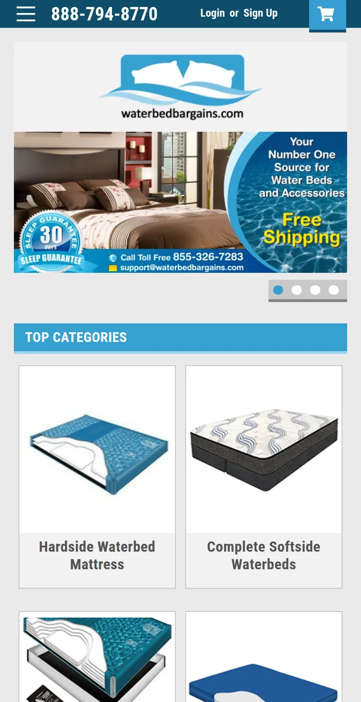 The store home page on a phone: the banner with the 30 day sleep guarantee and free shipping