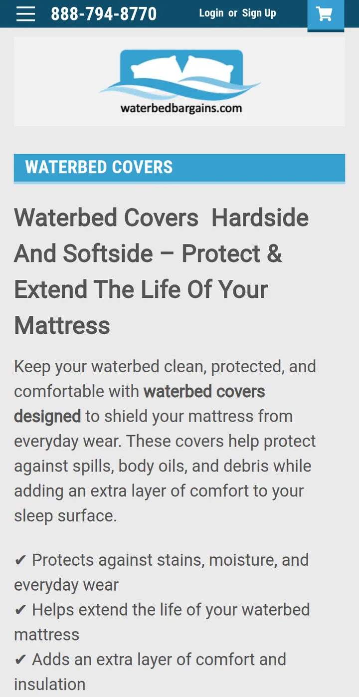 The Waterbed Covers category page, with its buying guide text
