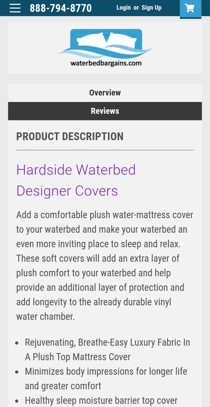 The hardside waterbed comfort cover product page, with its description