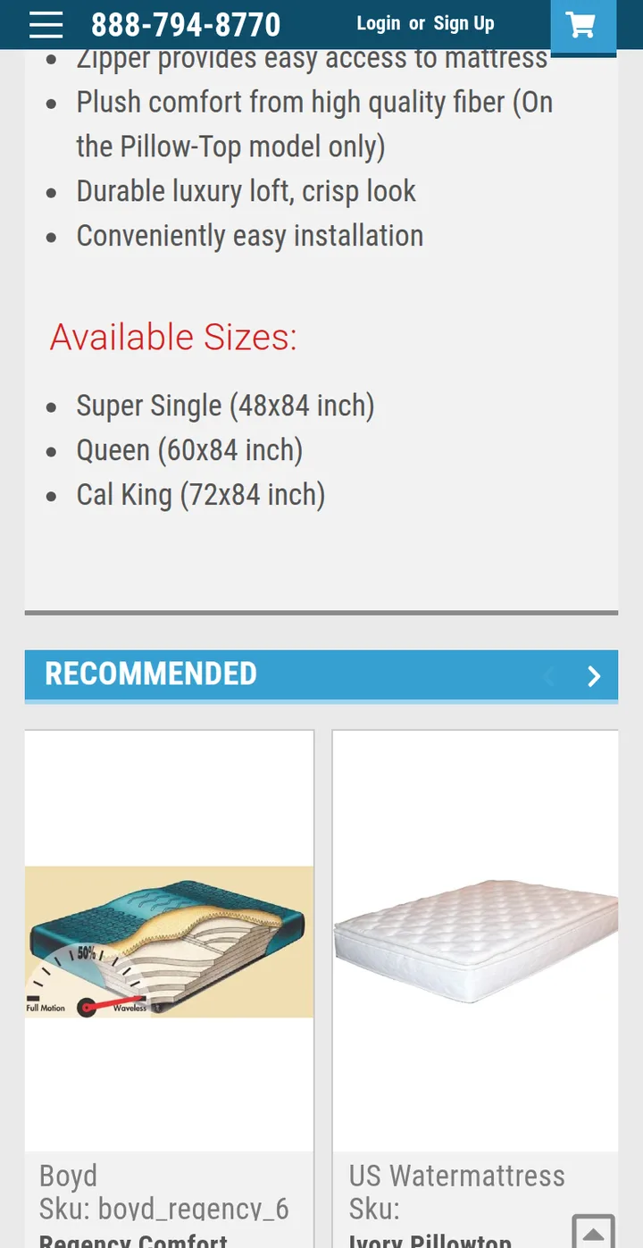 The product details: the available sizes and the recommended products