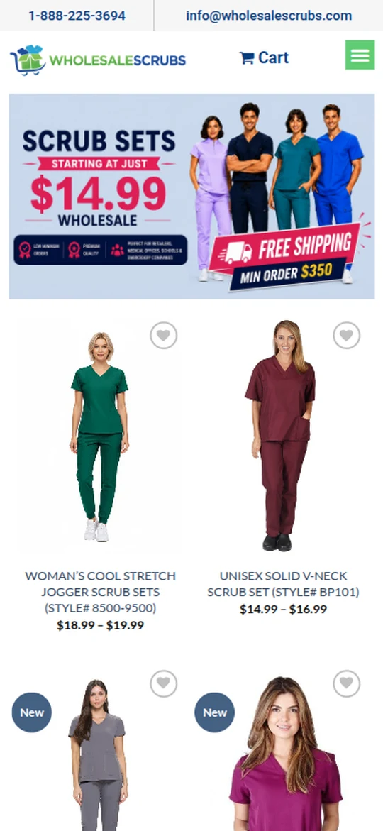 The WholesaleScrubs home page on a phone: the phone number and email, the banner with scrub sets from $14.99 wholesale and free shipping on orders of $350, then scrub sets with prices