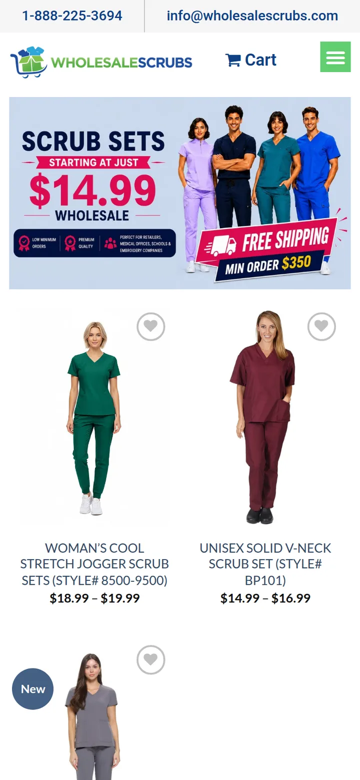 The store home page on a phone: the banner with scrub sets from $14.99 and free shipping, then the first products