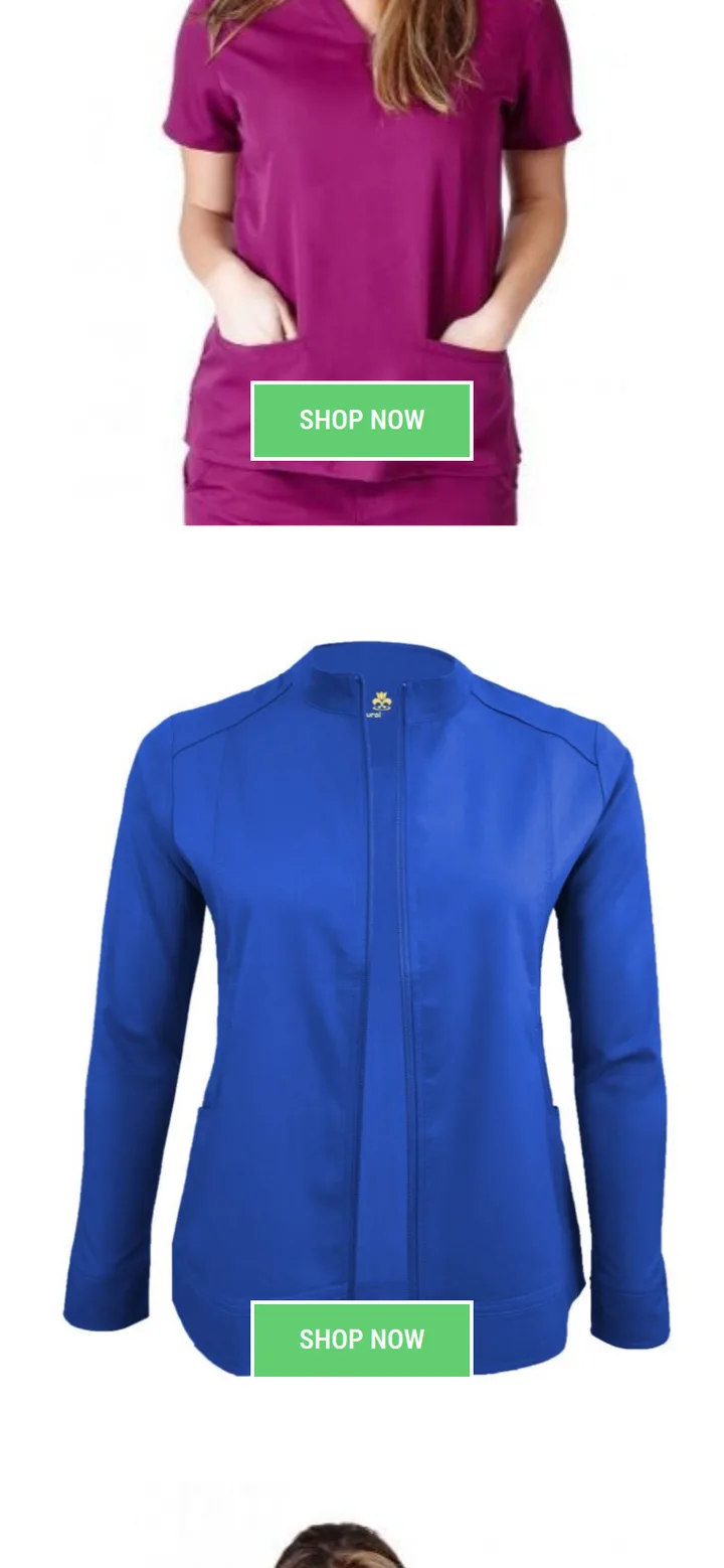 The home page scrolled: a featured scrub top and a jacket, each with a Shop now button