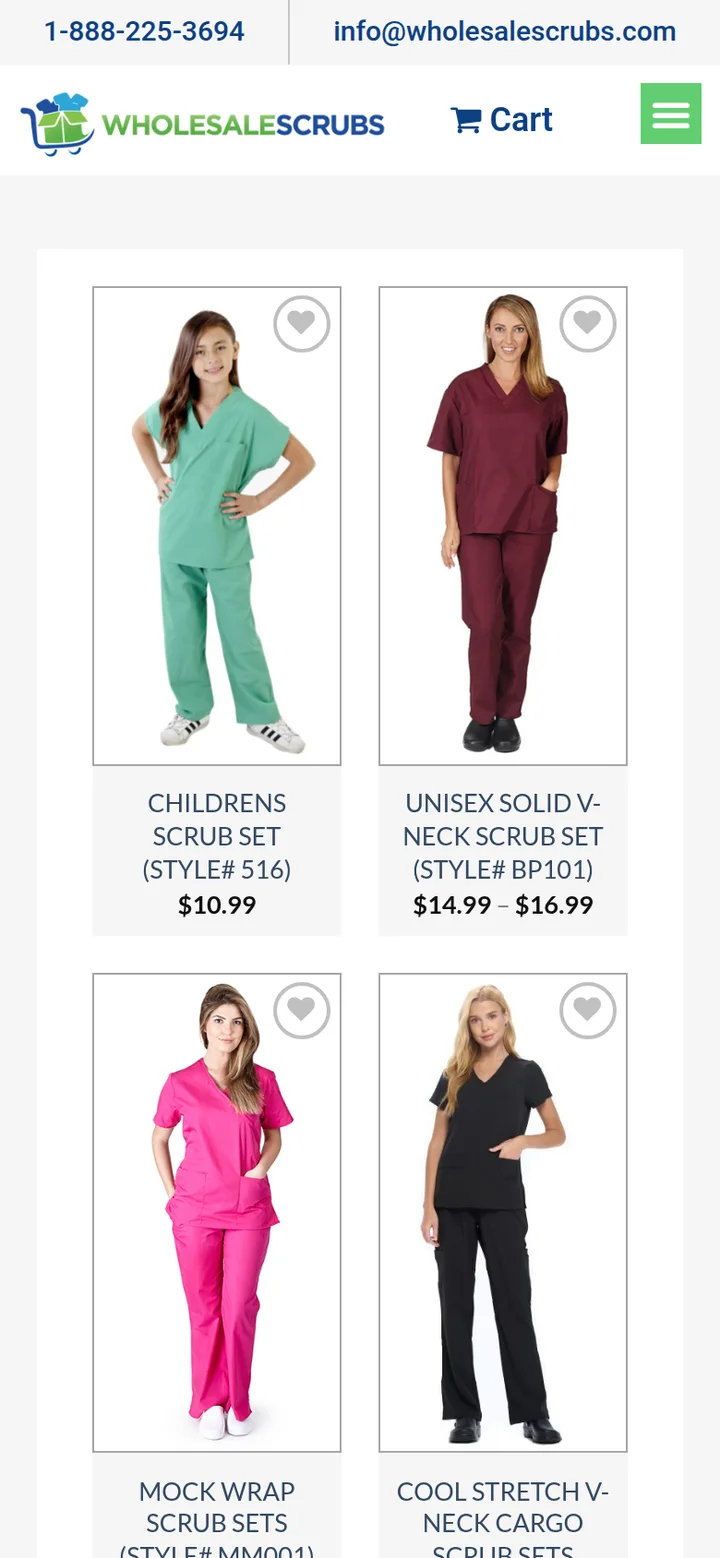 The Scrub Sets category page: a grid of scrub sets with their prices