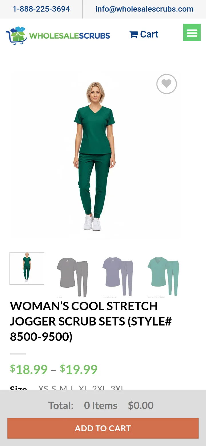 A women's jogger scrub set product page with its colour options