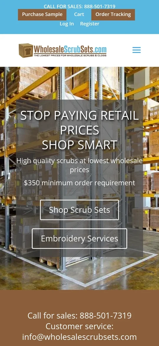 The WholesaleScrubSets home page on a phone: the banner reading Stop paying retail prices, shop smart