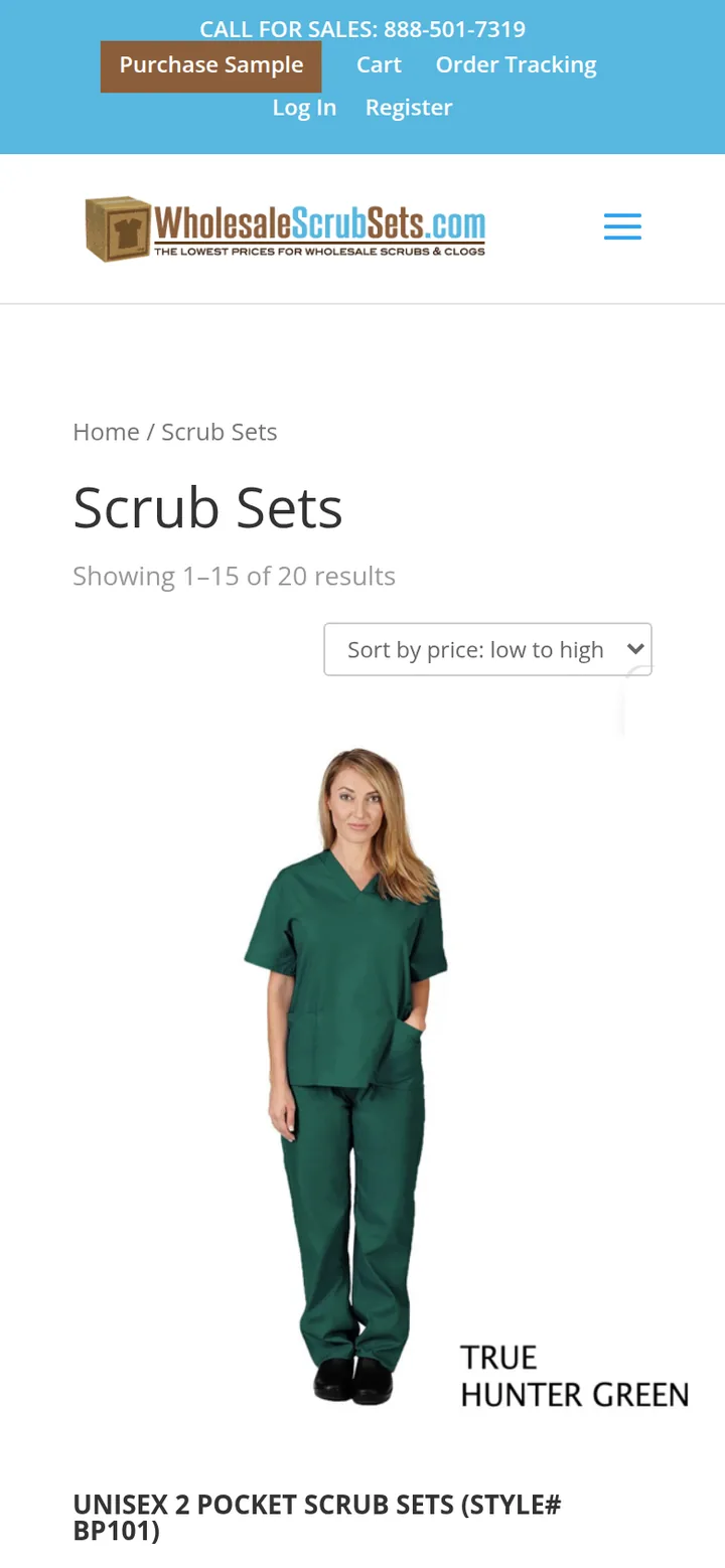 The Scrub Sets category page, with sorting by price