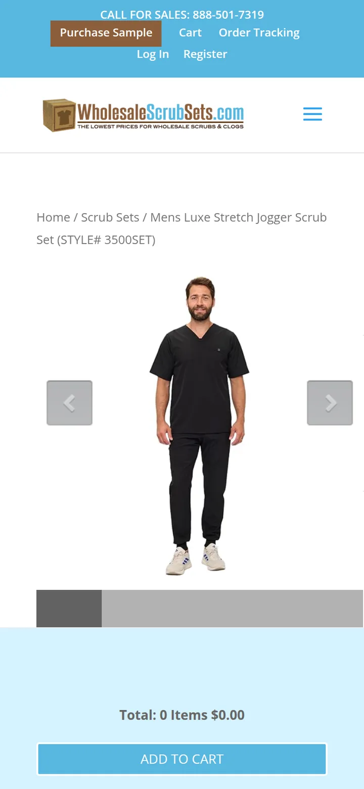The men's jogger scrub set product page, with its photo and add to cart