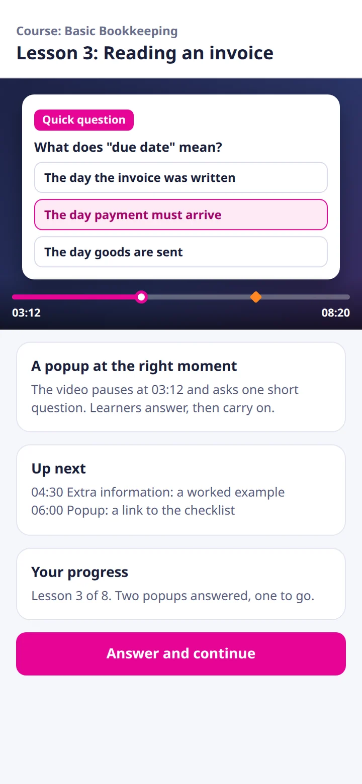An illustrative lesson video paused at 03:12 with a popup asking what a due date means, with three answers to choose from