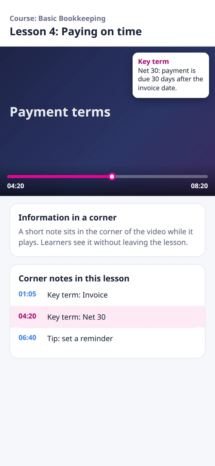 An illustrative lesson video with a short note about the term Net 30 in its top corner, and a list of the corner notes in the lesson