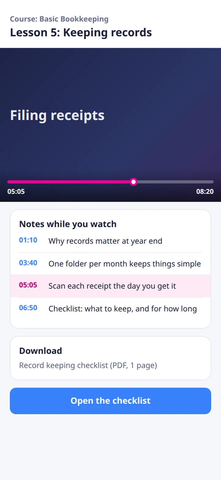 An illustrative lesson with a list of timed notes under the video, the current one highlighted, and a checklist to download