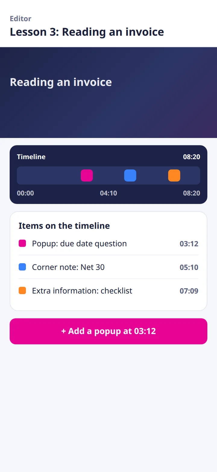 An illustrative editor with a timeline showing a popup, a corner note and extra information placed at set times in the video